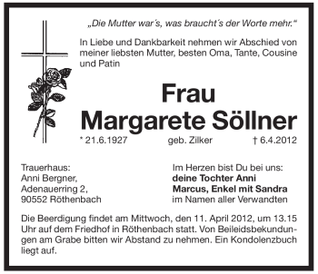 Traueranzeige von Margarete Söllner von Pegnitz-Zeitung